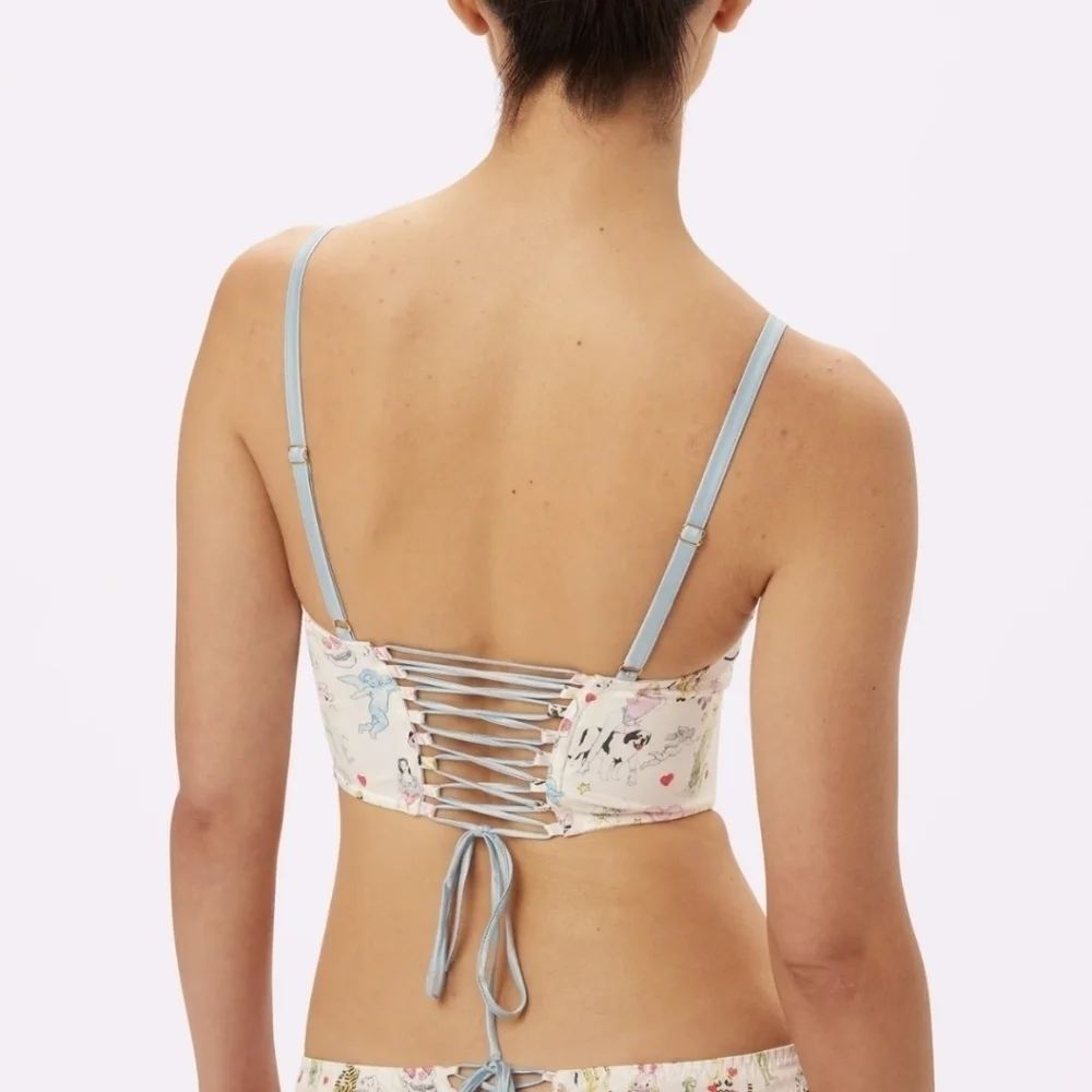 NWT Parade Afterglow‎ Lace-Up Corset Glow Satin Top in Summer Doodles Size M